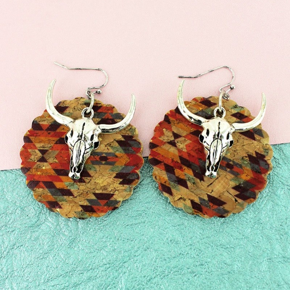 SouthWestern Cow 💀 Skull SteerHead Country Cowgirl Layered Rustic Cork Earrings